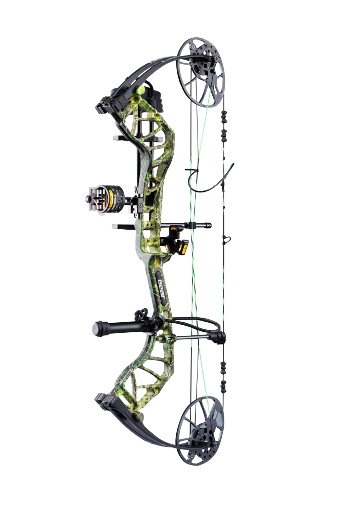 Side view of Bear Archery Legit MAXX RTH showcasing its 30" axel length, dual cams, Trophy Ridge ready-to-hunt package, and Toxic color. 
