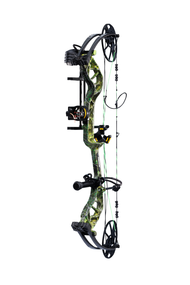 Side view of Bear Legit MAXX RTH adjustable compound bow with 75% let off, highlighting its lightweight and adjustable compound frame.