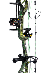 Close up of Bear Legit MAXX RTH adjustable compound bow in color Toxic highlighting Trophy Ridge accessories including a V-Biscuit rest, premium 4 pin sight, stabilizer, Radial peep sight, and wrist sling.
