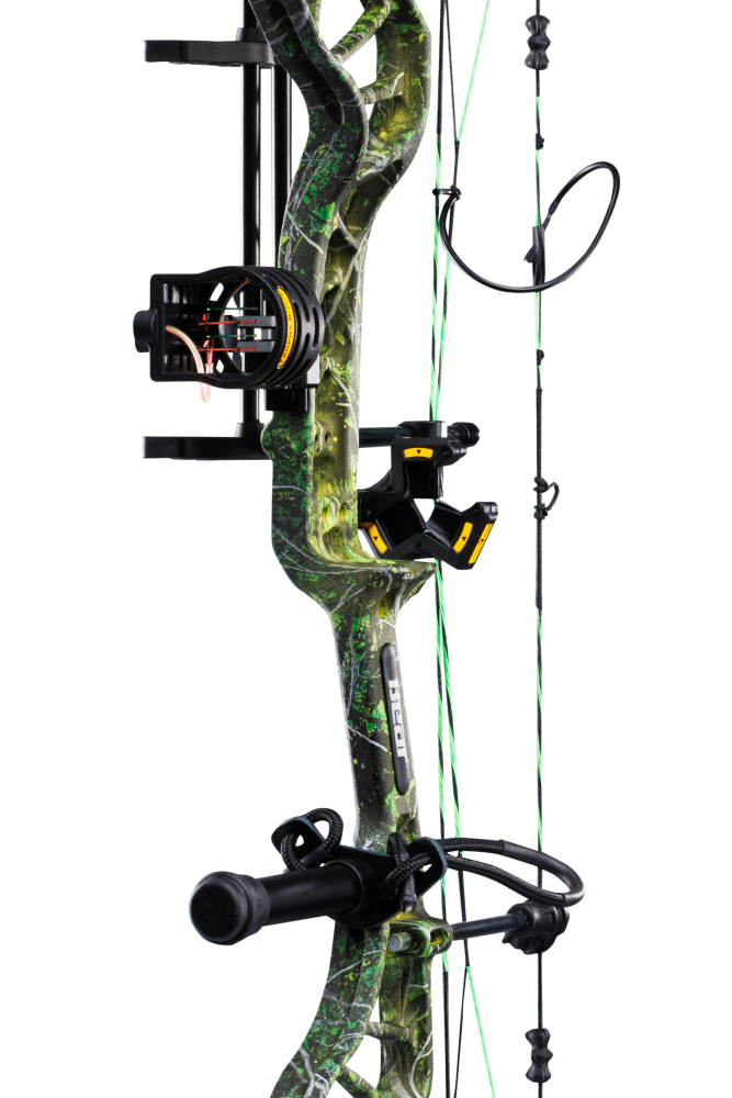 Close up of Bear Legit MAXX RTH adjustable compound bow in color Toxic highlighting Trophy Ridge accessories including a V-Biscuit rest, premium 4 pin sight, stabilizer, Radial peep sight, and wrist sling.