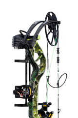 Close up of Trophy Ridge four pin sight and v-biscuit arrow rest. As well as Bear Archery's Legit MAXX RTH cam system and Toxic color.