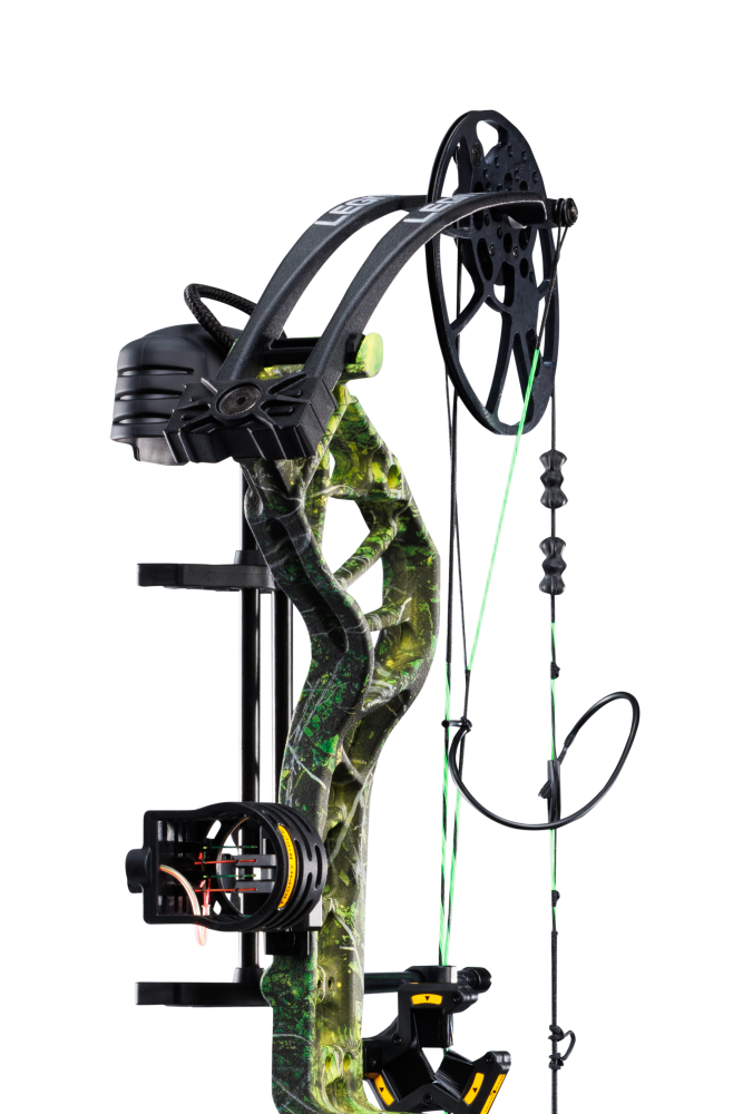 Close up of Trophy Ridge four pin sight and v-biscuit arrow rest. As well as Bear Archery's Legit MAXX RTH cam system and Toxic color.