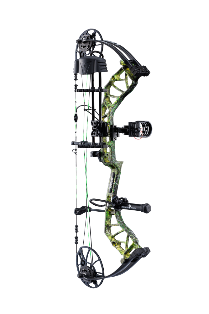 Side view of the Bear Archery Legit MAXX RTH adjustable Compound Bow in color Toxic highlighting its Trophy Ridge Ready-To-Hunt package, featuring a V-Biscuit rest, premium Fatal 4 sight, 5 Spot arrow quiver, Snubnose stabilizer, Radical peep sight, and wrist sling.