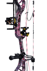 Close up of Bear Legit MAXX RTH adjustable compound bow in color Muddy highlighting Trophy Ridge accessories including a V-Biscuit rest, premium 4 pin sight, stabilizer, Radial peep sight, and wrist sling.