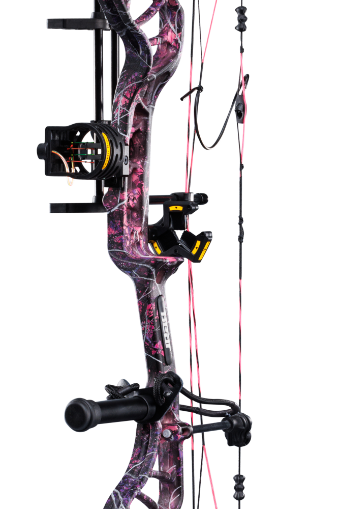 Close up of Bear Legit MAXX RTH adjustable compound bow in color Muddy highlighting Trophy Ridge accessories including a V-Biscuit rest, premium 4 pin sight, stabilizer, Radial peep sight, and wrist sling.