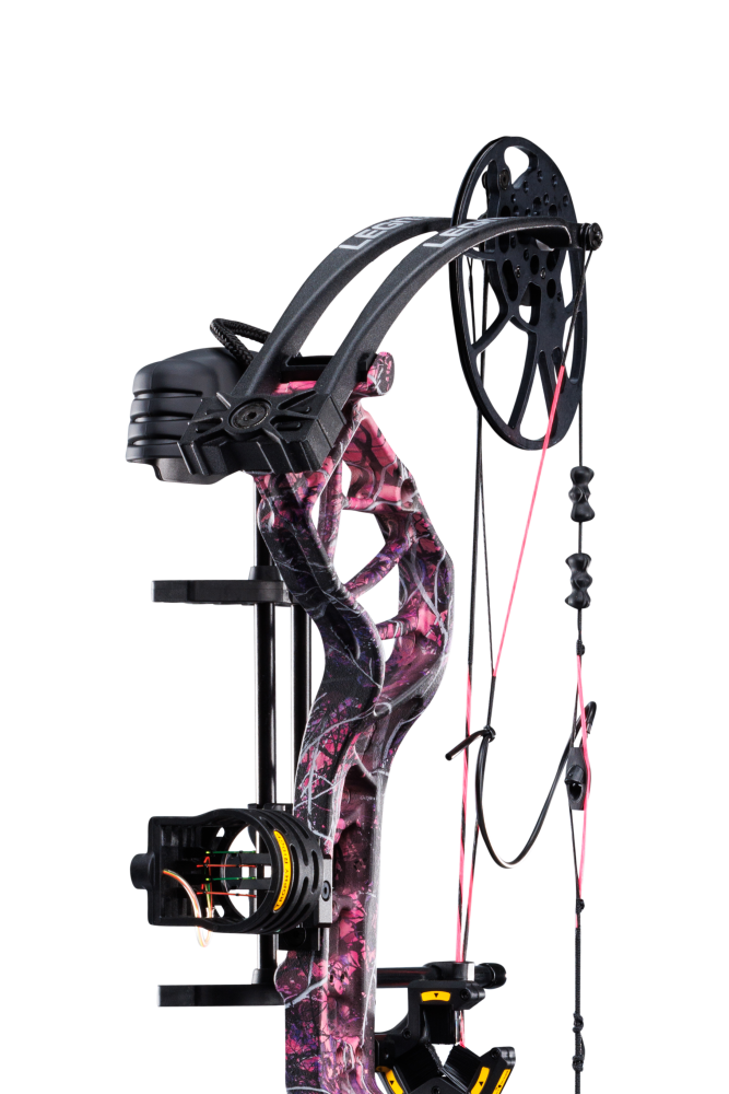 Close up of Trophy Ridge four pin sight and v-biscuit arrow rest. As well as Bear Archery's Legit MAXX RTH cam system and Muddy color.