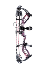 Side view of the Bear Archery Legit MAXX RTH adjustable Compound Bow in color Muddy highlighting its Trophy Ridge Ready-To-Hunt package, featuring a V-Biscuit rest, premium Fatal 4 sight, 5 Spot arrow quiver, Snubnose stabilizer, Radical peep sight, and wrist sling.