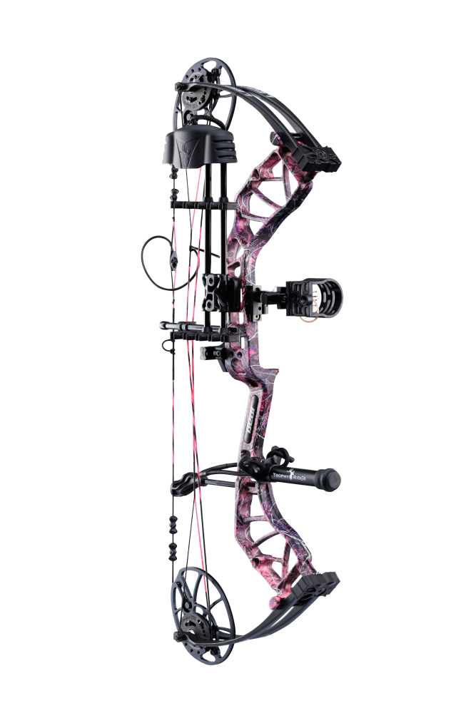 Side view of the Bear Archery Legit MAXX RTH adjustable Compound Bow in color Muddy highlighting its Trophy Ridge Ready-To-Hunt package, featuring a V-Biscuit rest, premium Fatal 4 sight, 5 Spot arrow quiver, Snubnose stabilizer, Radical peep sight, and wrist sling.