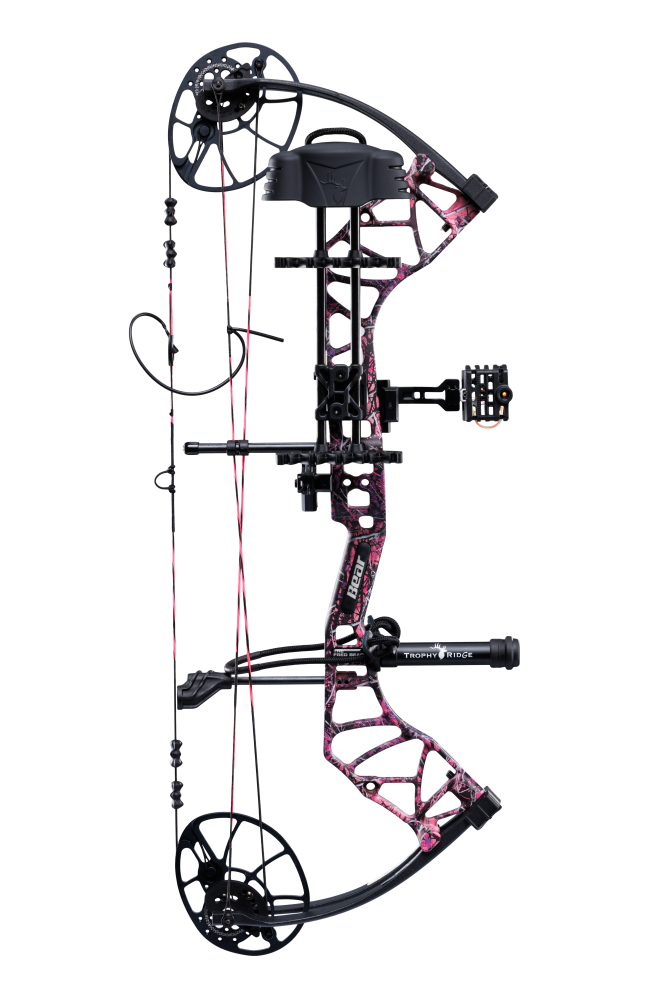 Bear Archery Legit MAXX RTH Compound Bow for bowhunting displayed against a transparent background, emphasizing its professional build quality, Muddy color option, and Trophy Ridge ready-to-hunt accessories.