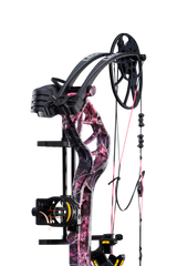 Close up of Trophy Ridge four pin sight and v-biscuit arrow rest. As well as Bear Archery's Legit MAXX RTH cam system and Muddy color.