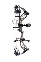 Side view of the Bear Archery Legit MAXX RTH adjustable Compound Bow in color True Timber Strata highlighting its Trophy Ridge Ready-To-Hunt package, featuring a V-Biscuit rest, premium Fatal 4 sight, 5 Spot arrow quiver, Snubnose stabilizer, Radical peep sight, and wrist sling.