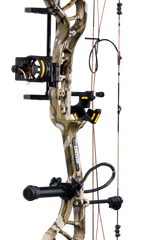 Close up of Bear Legit MAXX RTH adjustable compound bow in color Mossy Oak Bottomland highlighting Trophy Ridge accessories including a V-Biscuit rest, premium 4 pin sight, stabilizer, Radial peep sight, and wrist sling.