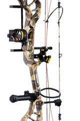 Close up of Bear Legit MAXX RTH adjustable compound bow in color Fred Bear highlighting Trophy Ridge accessories including a V-Biscuit rest, premium 4 pin sight, stabilizer, Radial peep sight, and wrist sling.