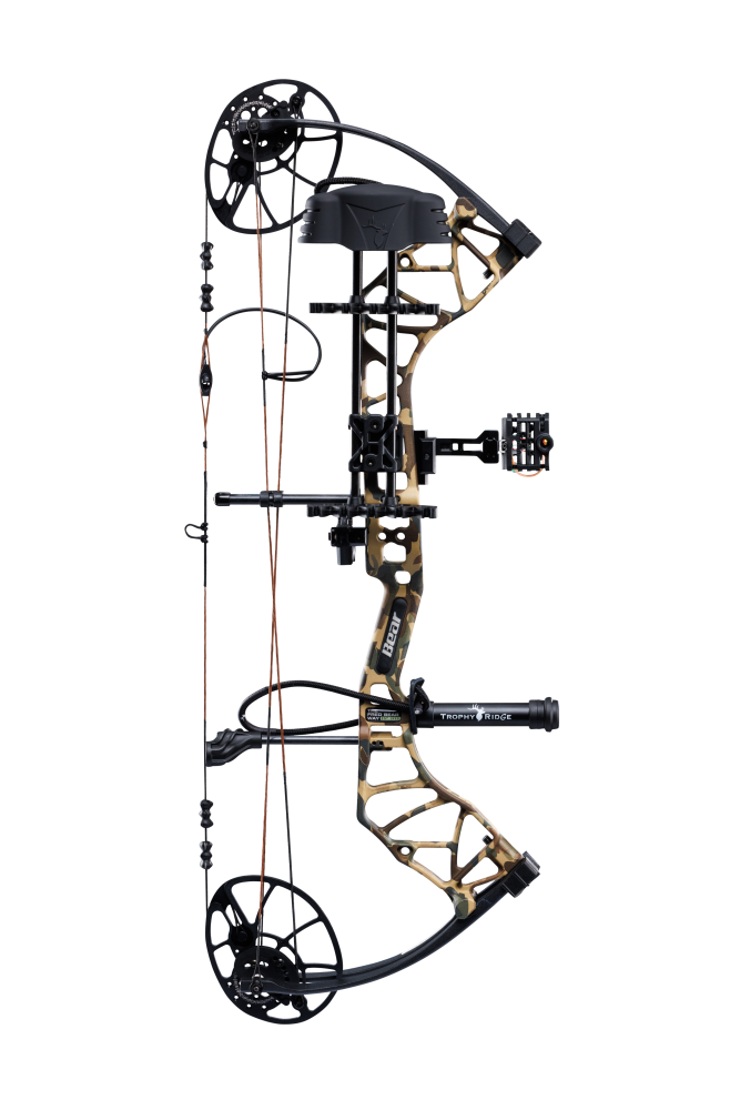 Bear Archery Legit MAXX RTH Compound Bow for bowhunting displayed against a transparent background, emphasizing its professional build quality, Fred Bear color option, and Trophy Ridge ready-to-hunt accessories.