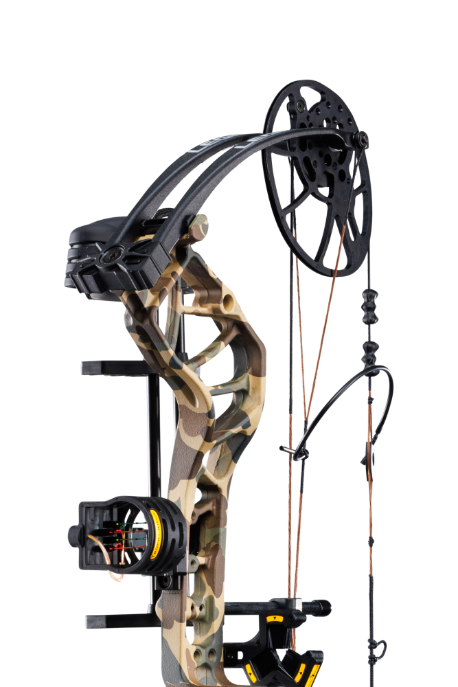 Close up of Trophy Ridge four pin sight and v-biscuit arrow rest. As well as Bear Archery's Legit MAXX RTH cam system and Fred Bear color.