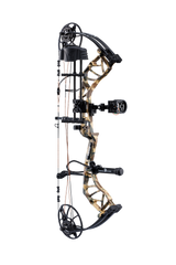 Close up of Bear Legit MAXX RTH adjustable compound bow in color Fred Bear highlighting Trophy Ridge accessories including a V-Biscuit rest, premium 4 pin sight, stabilizer, Radial peep sight, and wrist sling.