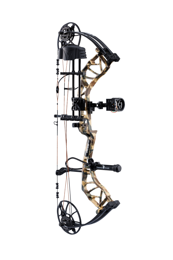 Close up of Bear Legit MAXX RTH adjustable compound bow in color Fred Bear highlighting Trophy Ridge accessories including a V-Biscuit rest, premium 4 pin sight, stabilizer, Radial peep sight, and wrist sling.