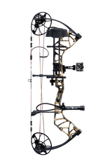 Side view of the Bear Archery Legit MAXX RTH adjustable Compound Bow in color Fred Bear highlighting its Trophy Ridge Ready-To-Hunt package, featuring a V-Biscuit rest, premium Fatal 4 sight, 5 Spot arrow quiver, Snubnose stabilizer, Radical peep sight, and wrist sling.