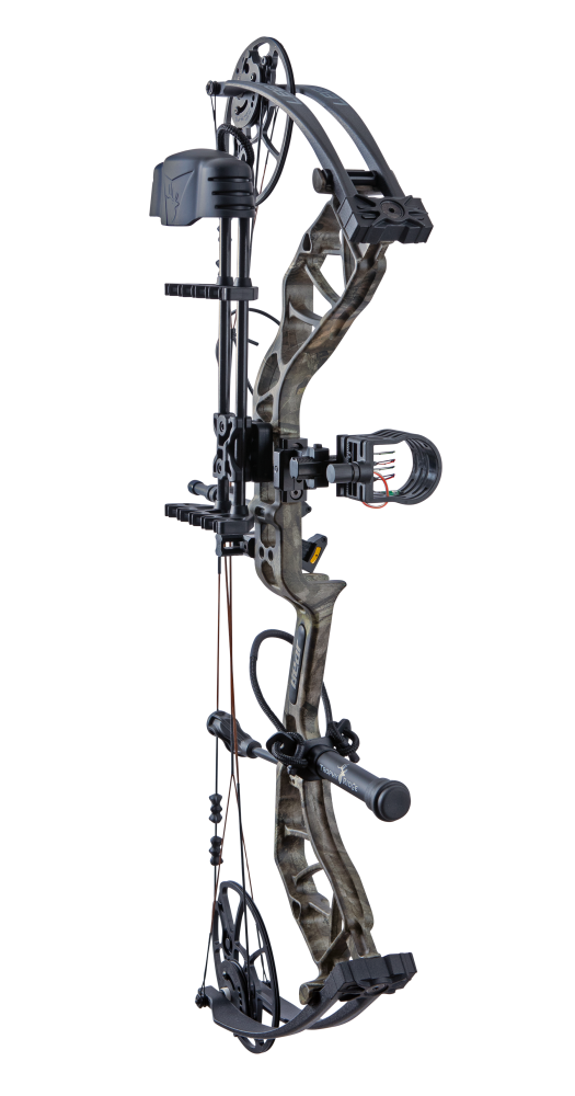 Bear Archery Legit MAXX RTH Compound Bow for bowhunting displayed against a transparent background, emphasizing its professional build quality, Mossy Oak Roots color option, and Trophy Ridge ready-to-hunt accessories.