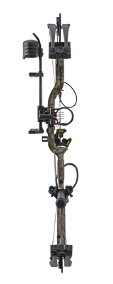 Front view Bear Legit MAXX RTH Adjustable compound Bow in color Mossy Oak Roots with Trophy Ridge Ready-To-Hunt accessories.