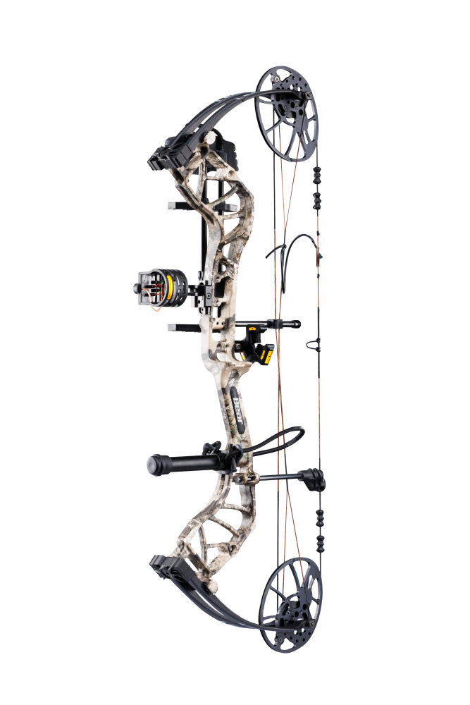 Side view of Bear Legit MAXX RTH adjustable compound bow with 75% let off, highlighting its lightweight and adjustable compound frame.