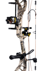 Close up of Bear Legit MAXX RTH adjustable compound bow in color Veil Whitetail highlighting Trophy Ridge accessories including a V-Biscuit rest, premium 4 pin sight, stabilizer, Radial peep sight, and wrist sling.