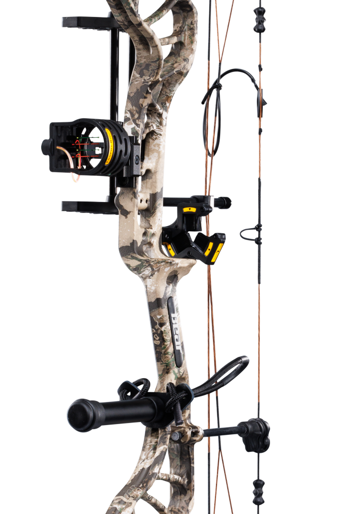 Close up of Bear Legit MAXX RTH adjustable compound bow in color Veil Whitetail highlighting Trophy Ridge accessories including a V-Biscuit rest, premium 4 pin sight, stabilizer, Radial peep sight, and wrist sling.