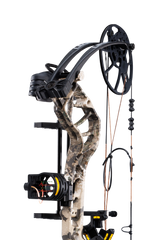 Close up of Trophy Ridge four pin sight and v-biscuit arrow rest. As well as Bear Archery's Legit MAXX RTH cam system and Veil Whitetail color.
