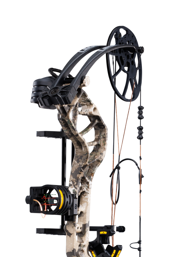 Close up of Trophy Ridge four pin sight and v-biscuit arrow rest. As well as Bear Archery's Legit MAXX RTH cam system and Veil Whitetail color.