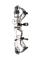 Side view of the Bear Archery Legit MAXX RTH adjustable Compound Bow in color Veil Whitetail highlighting its Trophy Ridge Ready-To-Hunt package, featuring a V-Biscuit rest, premium Fatal 4 sight, 5 Spot arrow quiver, Snubnose stabilizer, Radical peep sight, and wrist sling.