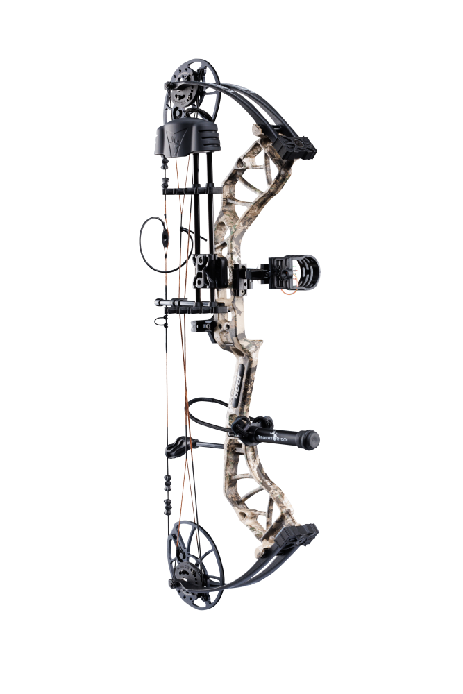Side view of the Bear Archery Legit MAXX RTH adjustable Compound Bow in color Veil Whitetail highlighting its Trophy Ridge Ready-To-Hunt package, featuring a V-Biscuit rest, premium Fatal 4 sight, 5 Spot arrow quiver, Snubnose stabilizer, Radical peep sight, and wrist sling.