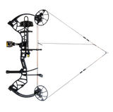 Bear MAXX RTH Adjustable compound Bow in color Black aiming left showcasing it's 14"-30" draw length.