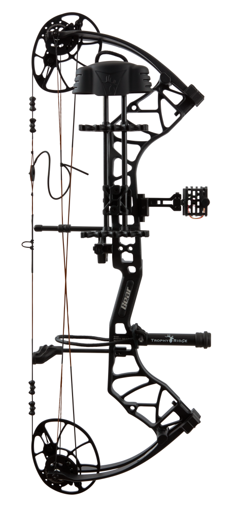 Bear Archery Legit MAXX RTH Compound Bow for bowhunting displayed against a transparent background, emphasizing its professional build quality, Black color option, and Trophy Ridge ready-to-hunt accessories.