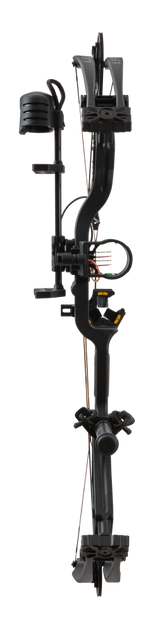 Front view Bear Legit MAXX RTH Adjustable compound Bow in color Black with Trophy Ridge Ready-To-Hunt accessories.
