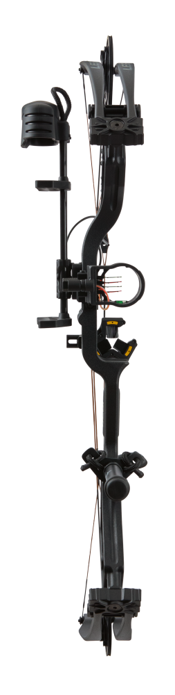 Front view Bear Legit MAXX RTH Adjustable compound Bow in color Black with Trophy Ridge Ready-To-Hunt accessories.