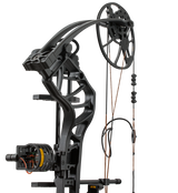 Close up of Trophy Ridge four pin sight and v-biscuit arrow rest. As well as Bear Archery's Legit MAXX RTH cam system and Black color limbs.