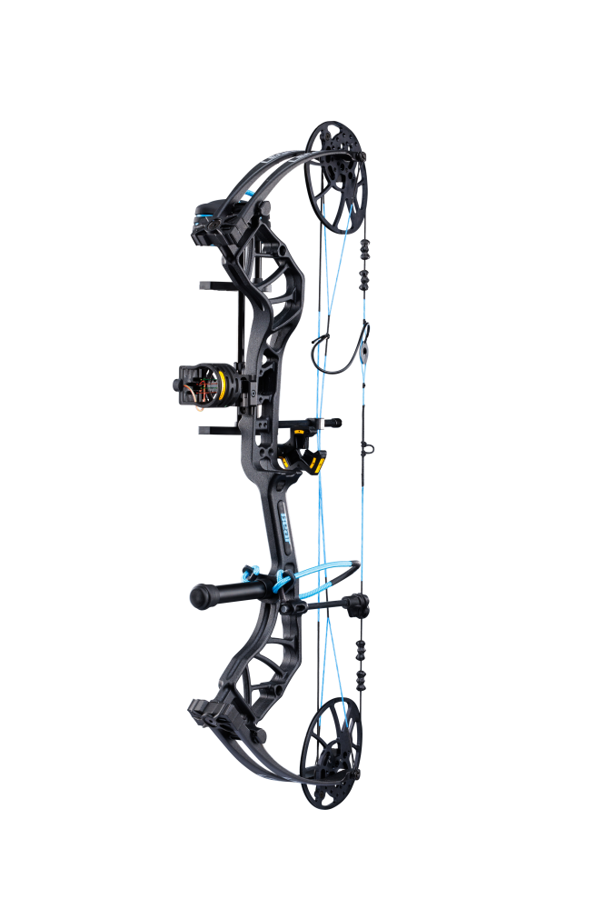 Bear Archery Legit MAXX RTH Compound Bow for bowhunting displayed against a transparent background, emphasizing its professional build quality, Inspire color option, and Trophy Ridge ready-to-hunt accessories.