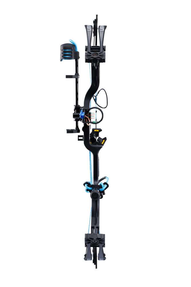 Front view Bear Legit MAXX RTH Adjustable compound Bow in color Inspire with Trophy Ridge Ready-To-Hunt accessories.