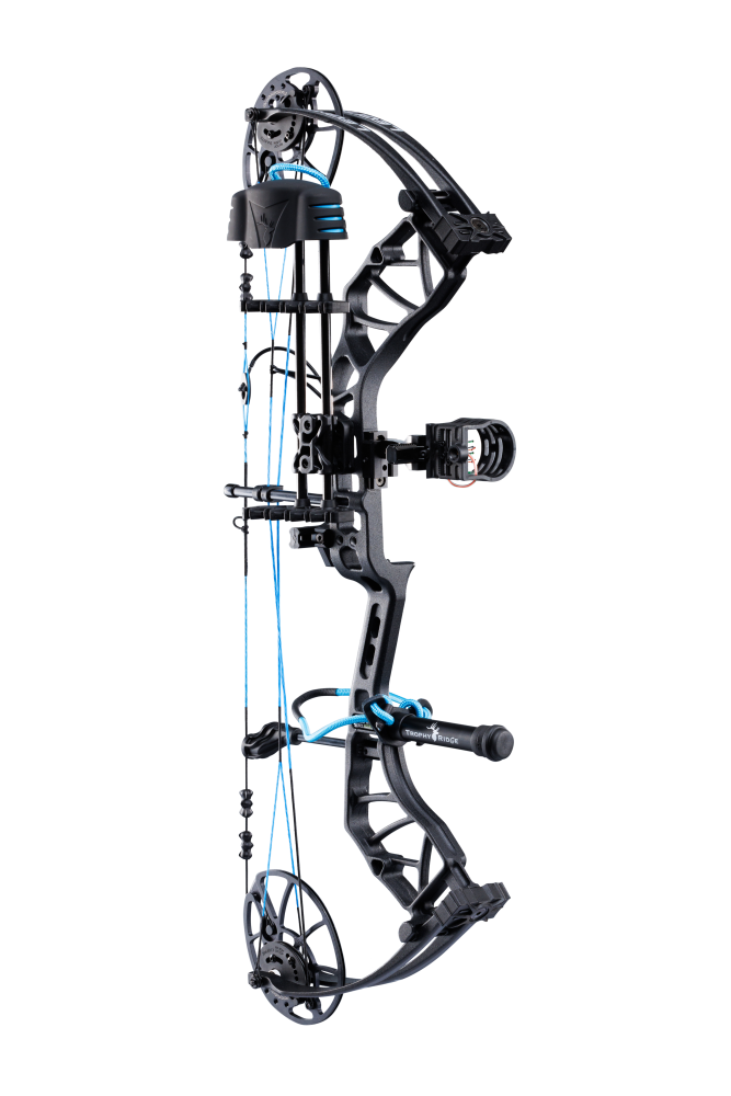 Side view of the Bear Archery Legit MAXX RTH adjustable Compound Bow in color Inspire highlighting its Trophy Ridge Ready-To-Hunt package, featuring a V-Biscuit rest, premium Fatal 4 sight, 5 Spot arrow quiver, Snubnose stabilizer, Radical peep sight, and wrist sling.