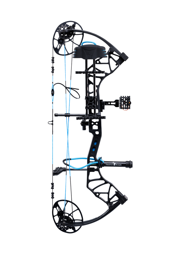 Bear Archery Legit MAXX RTH Compound Bow for bowhunting displayed against a transparent background, emphasizing its professional build quality, Inspire color option, and Trophy Ridge ready-to-hunt accessories.