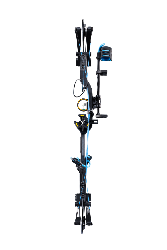 Back view of Bear Archery Legit MAXX RTH compound bow showcasing its adjustable compound 30" axel length.