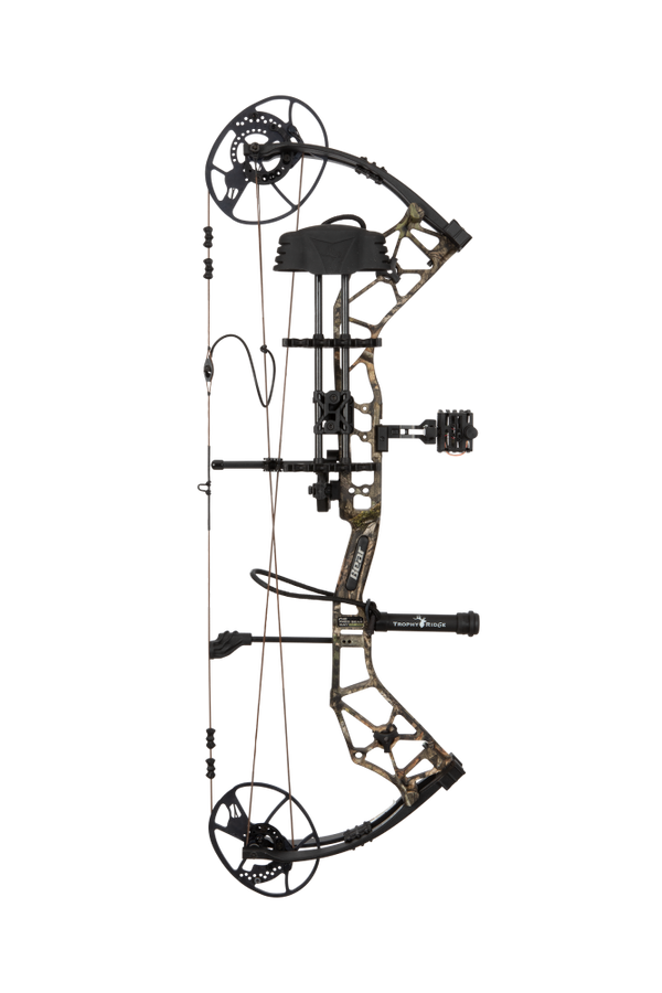 Side view of Bear Archery Paradigm hunting bow in color Mossy Oak Roots showcasing its dual cam system.