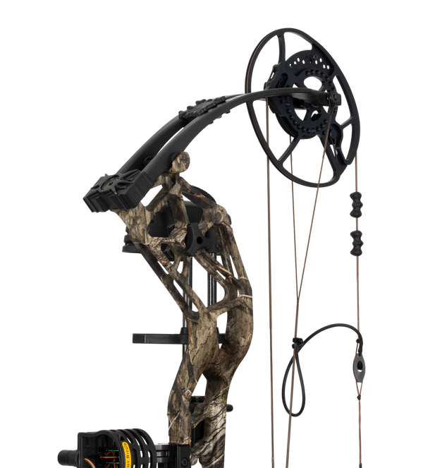 Close up of the Bear Archery Paradigm hunting bow limbs and DHC cam system.
