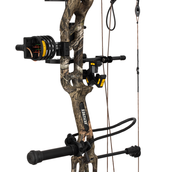 Close up of the Bear Archery Paradigm hunting bow riser in color Mossy Oak Roots featuring Trophy Ridge ready-to-hunt accessories.
