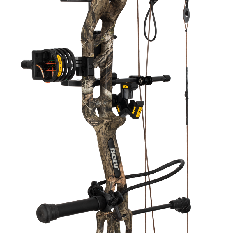 Close up of the Bear Archery Paradigm hunting bow riser in color Mossy Oak Roots featuring Trophy Ridge ready-to-hunt accessories.