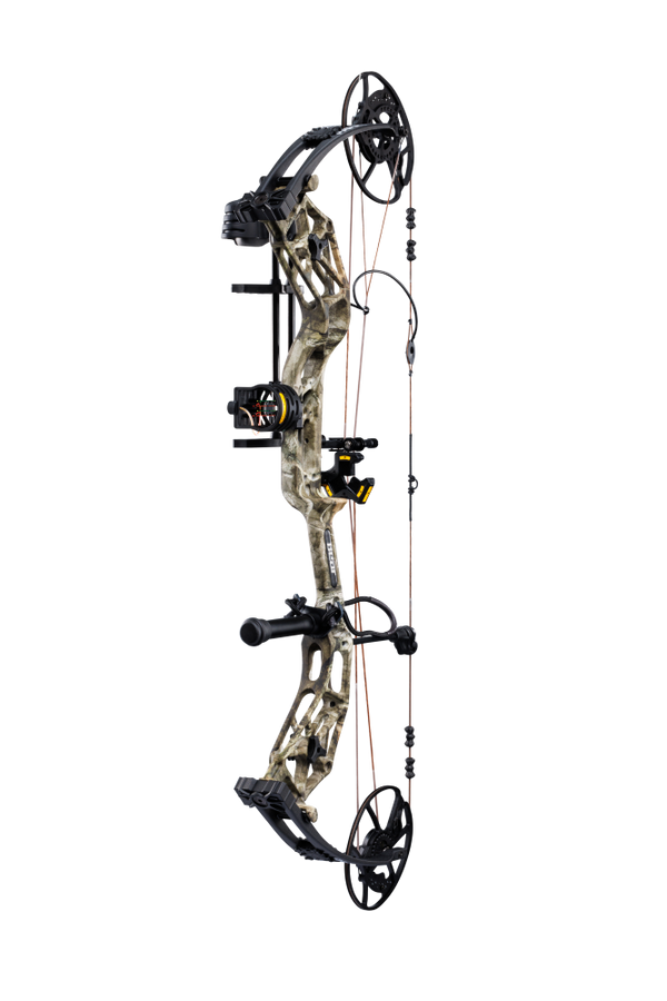 Side view showcasing Bear Archery Paradigm hunting bow in color Veil Whitetail with Trophy Ridge ready-to-hunt accessories. The Paradigm is a long draw compound bow.