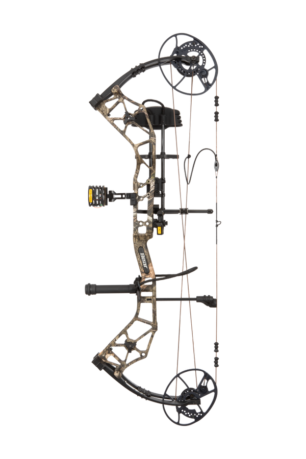 Side view showcasing Bear Archery Paradigm hunting bow in color Mossy Oak Roots with Trophy Ridge ready-to-hunt accessories. The Paradigm is a long draw compound bow. 