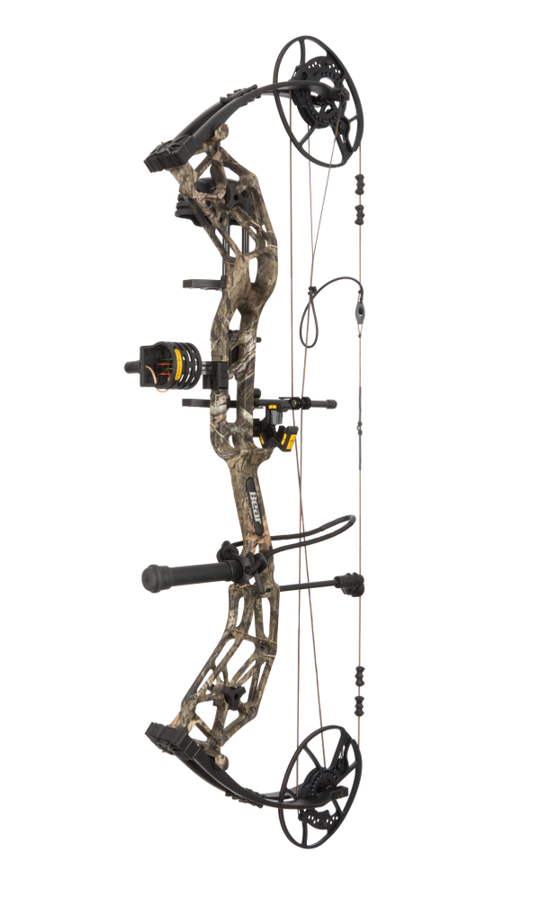 Side view showcasing Bear Archery Paradigm hunting bow in color Mossy Oak Roots. Compound bow with long draw length.
