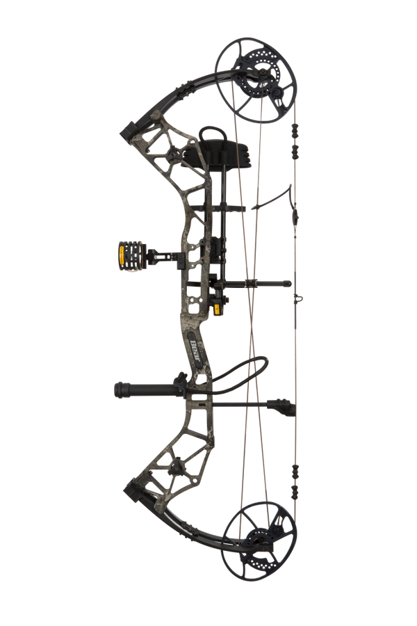 Side view of Bear Archery Paradigm hunting bow in color True Timber Strata highlighting its DHC cam system.
