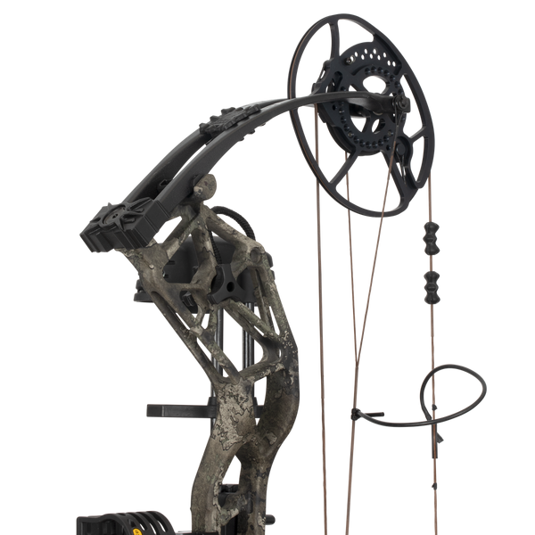 Close up of the Bear Archery Paradigm hunting bow limbs and DHC cam system.